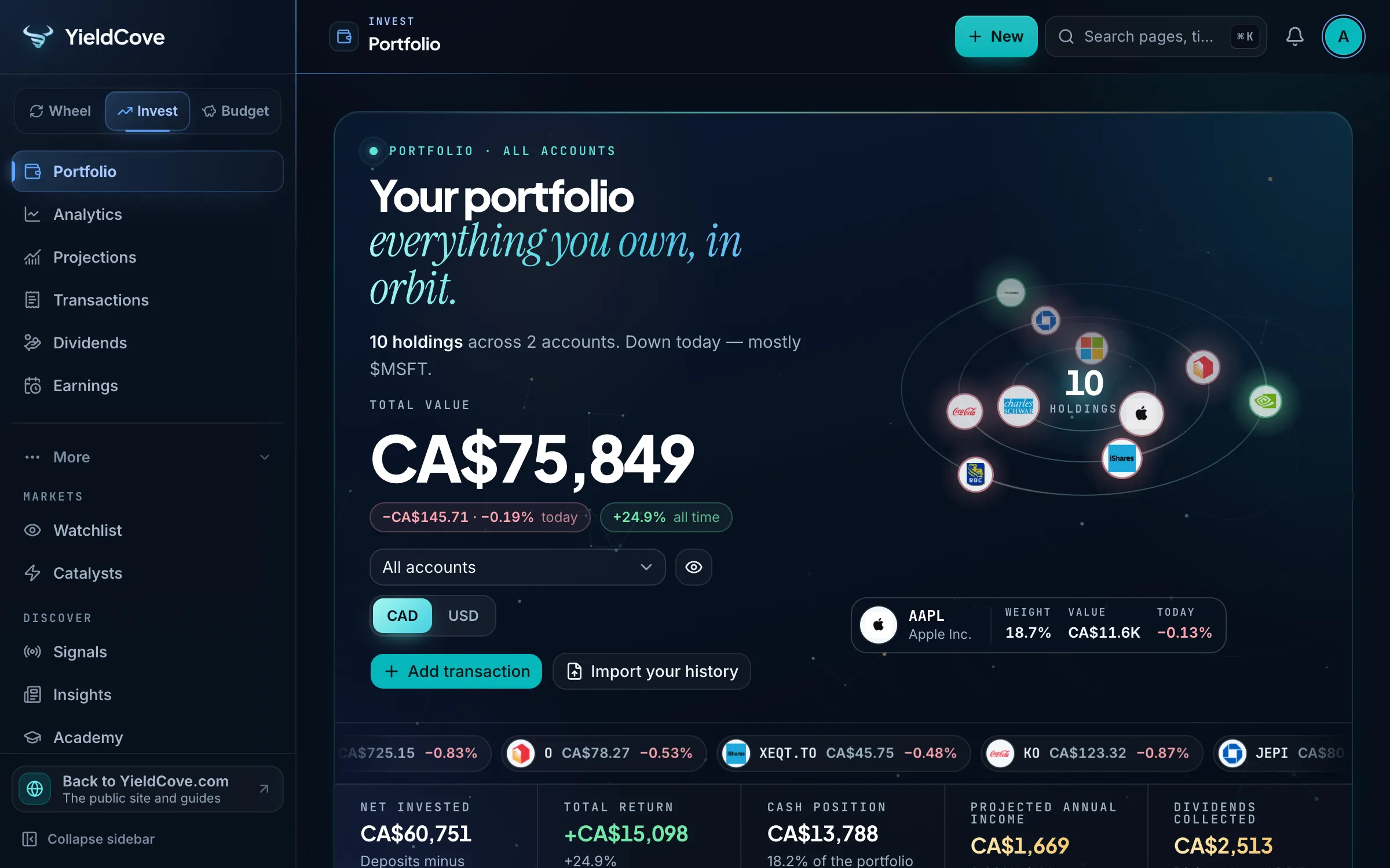 YieldCove Invest portfolio with multi-account holdings, account balances and performance