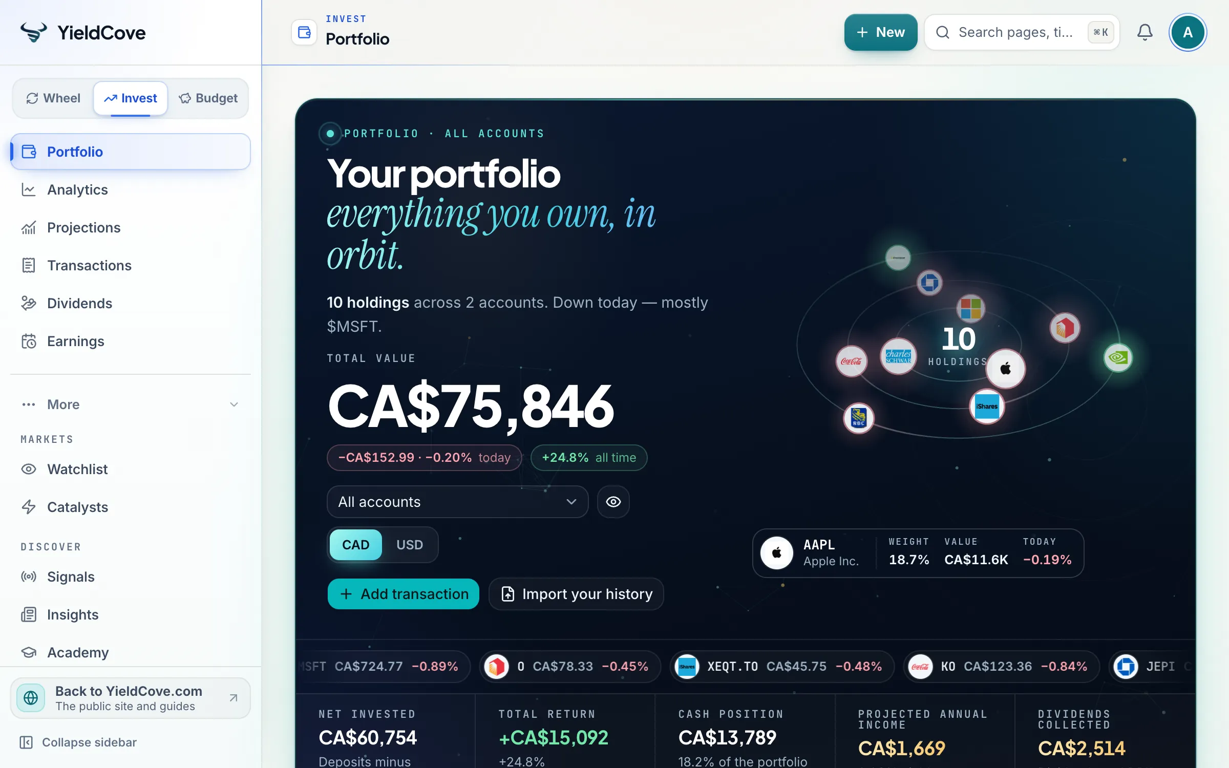 YieldCove Invest portfolio with multi-account holdings, account balances and performance